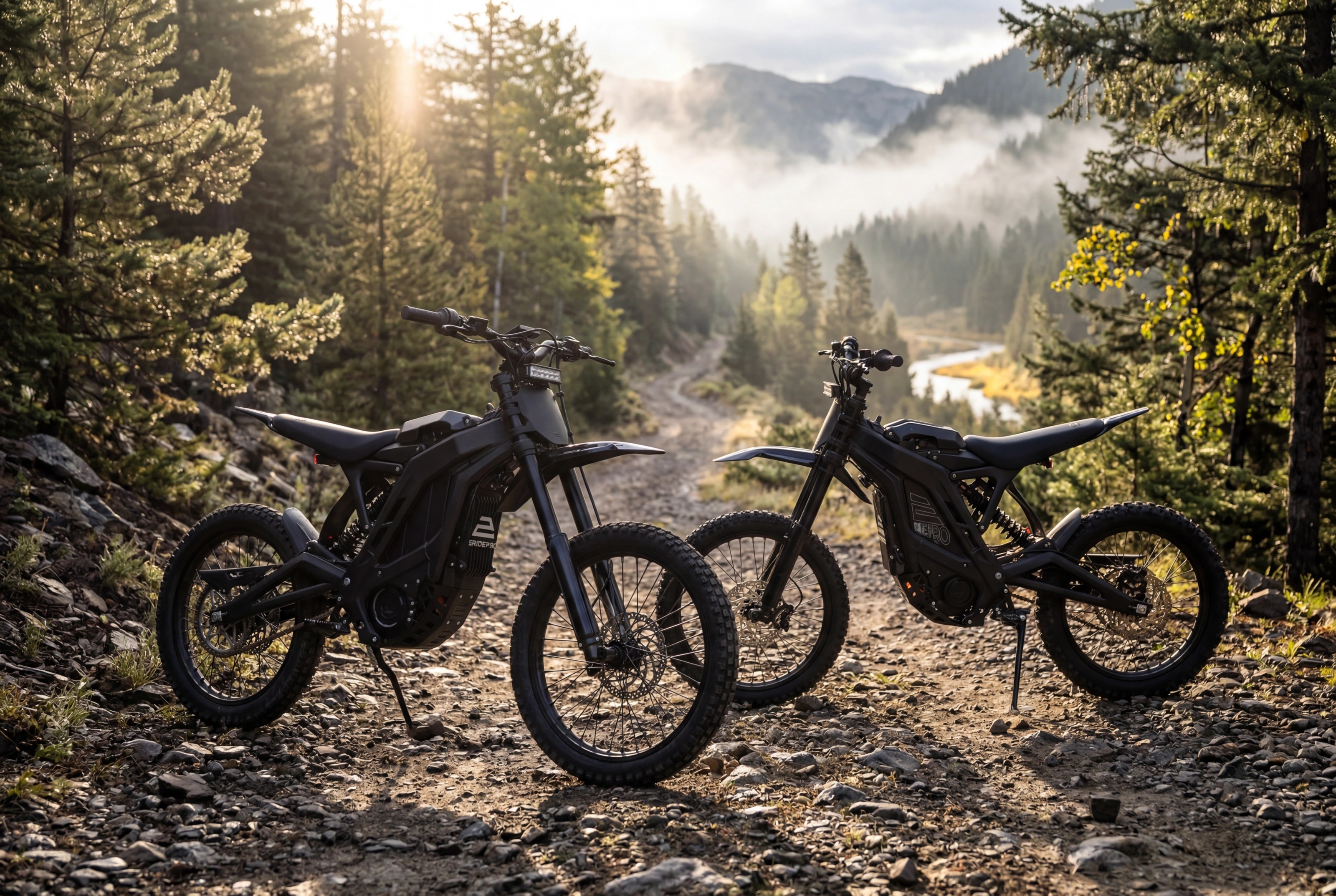 Two black electric dirt bikes parked on a mountain trail in warm morning light