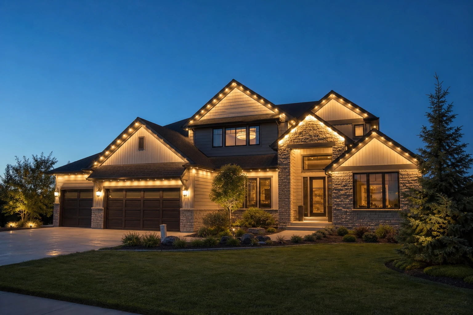 Suburban home with warm-white permanent lighting installed along the roofline at blue hour
